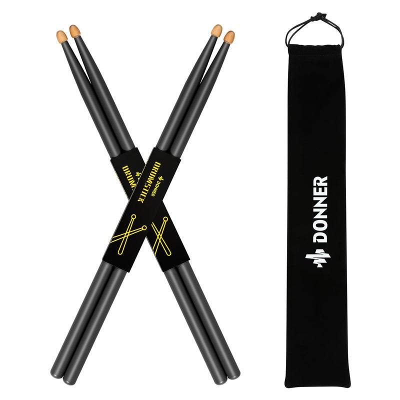 Donner Drum Sticks, 5A Drumsticks Classic Maple Wood Black Drumsticks With Storage Bag, 2 Pairs - Image 1